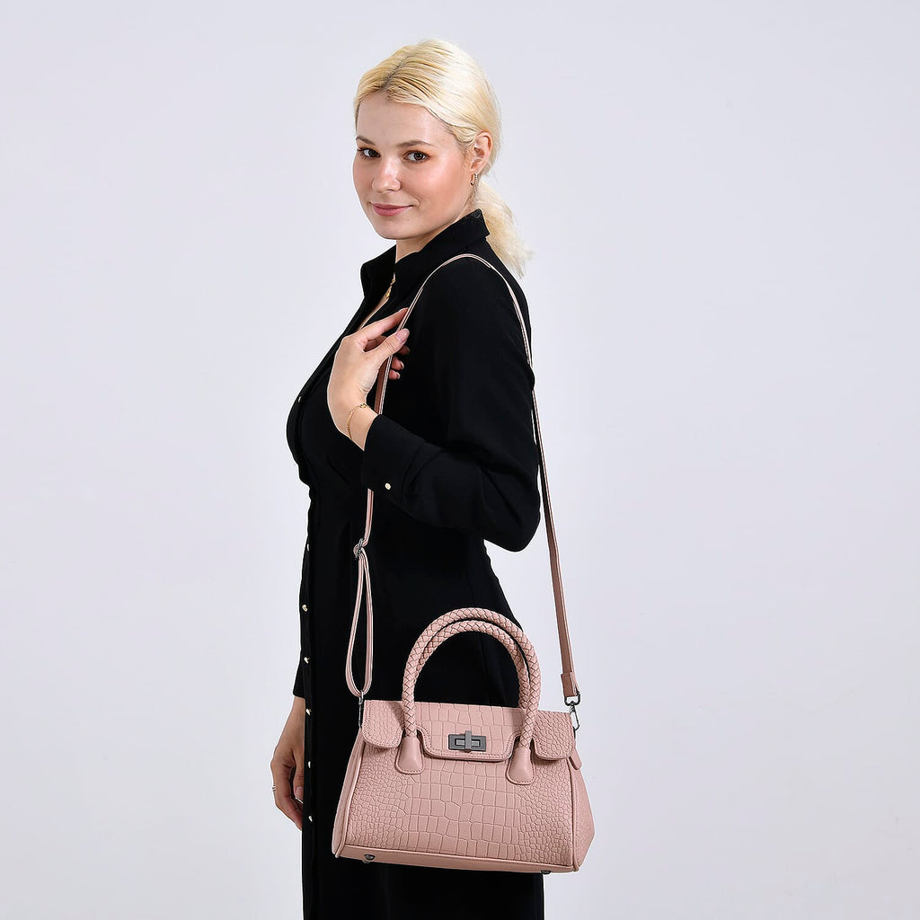 Croc Embossed Crossbody Bag with Lock & Top Handle - Pink