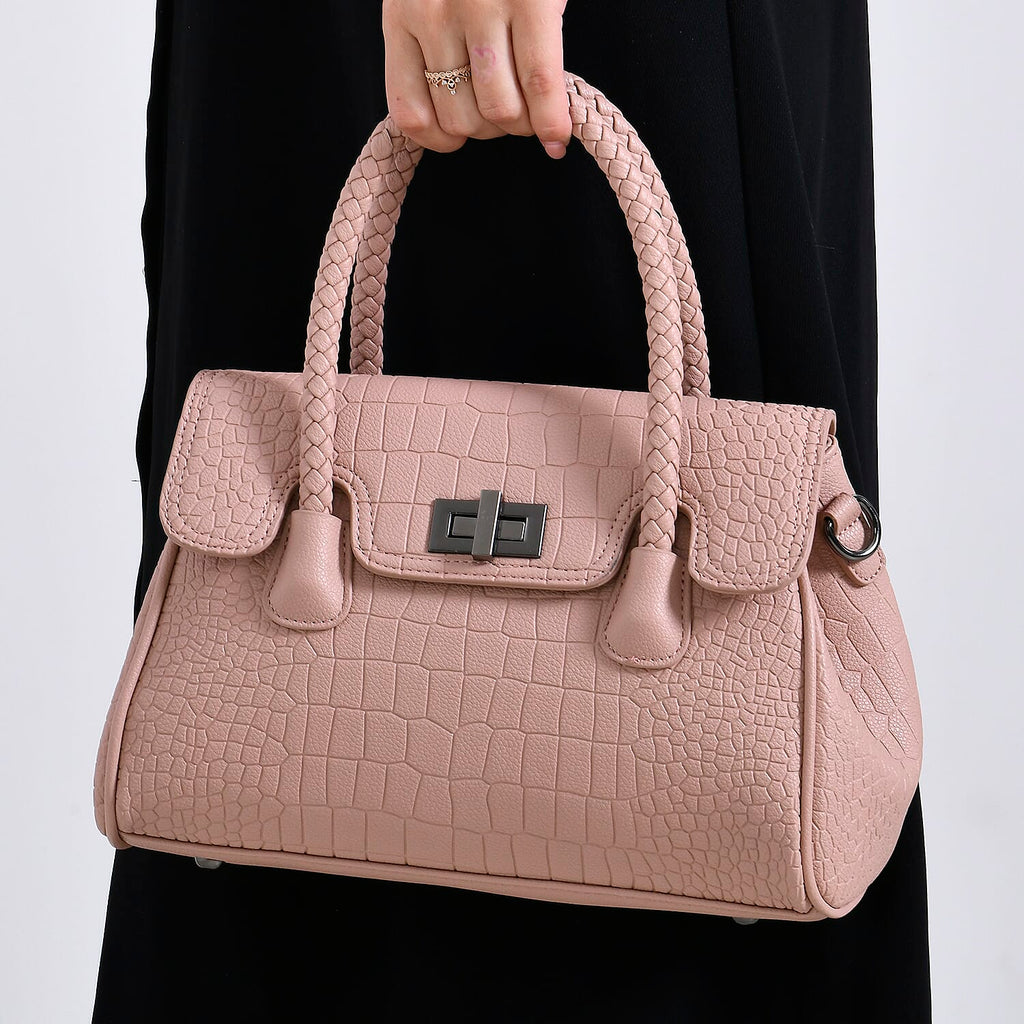 Croc Embossed Crossbody Bag with Lock & Top Handle - Pink