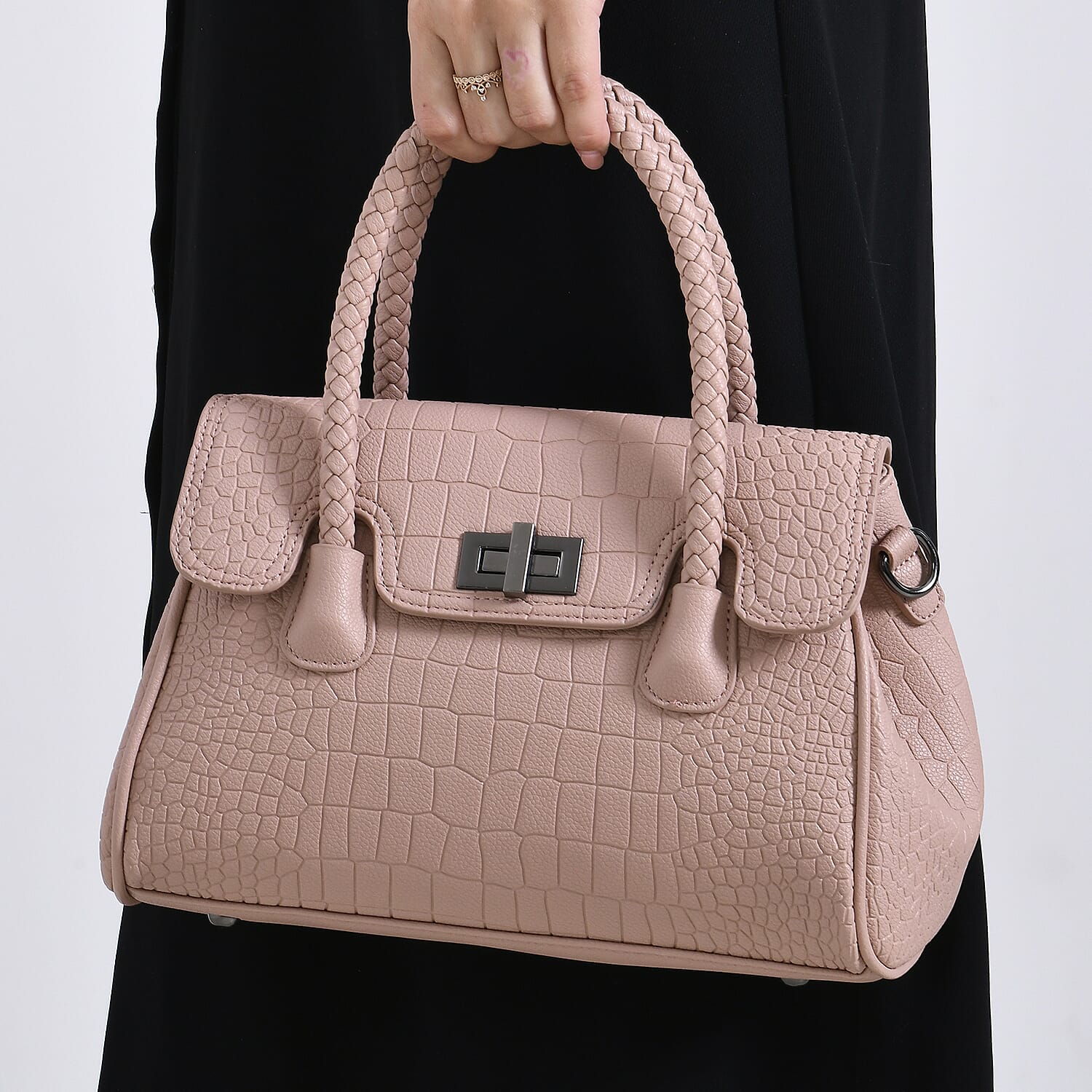 Croc Embossed Crossbody Bag with Lock & Top Handle - Pink
