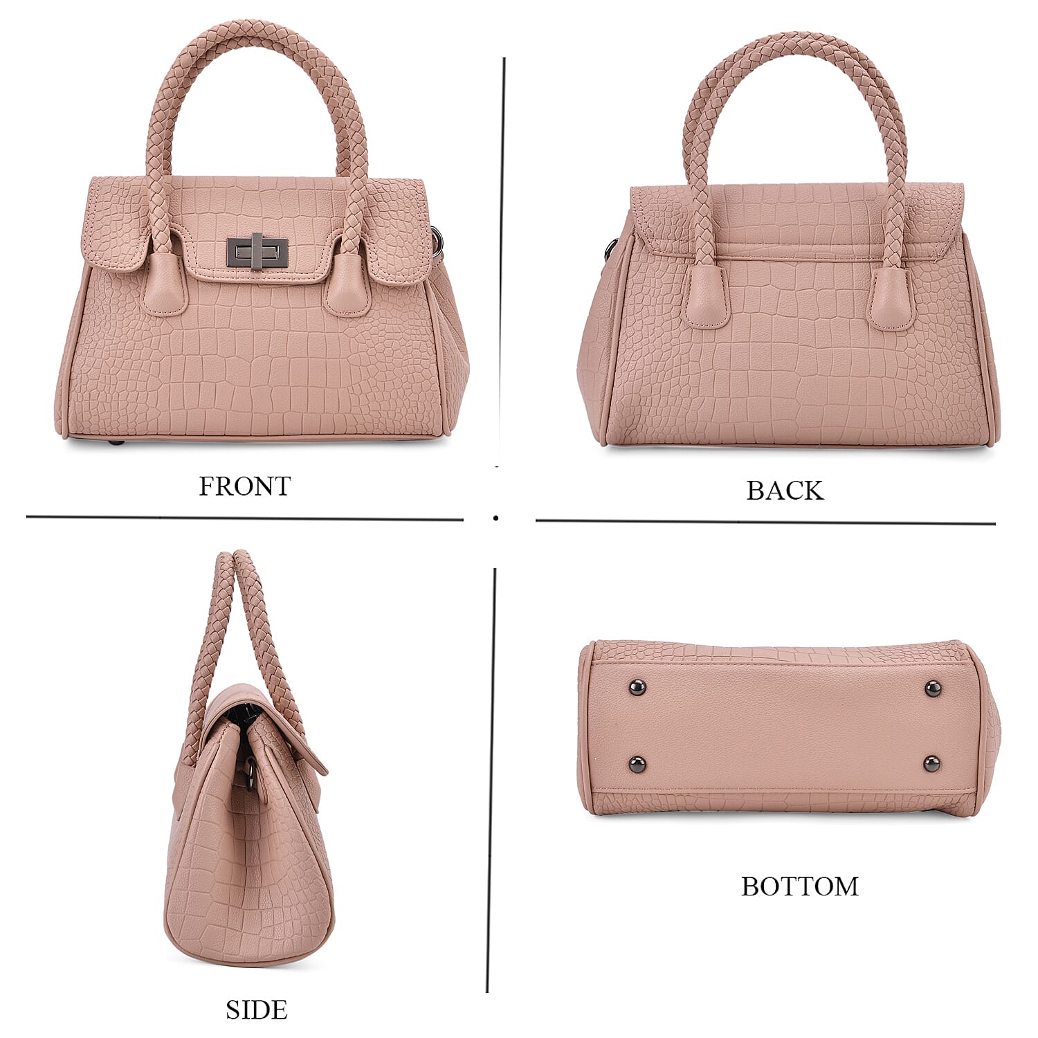 Croc Embossed Crossbody Bag with Lock & Top Handle - Pink