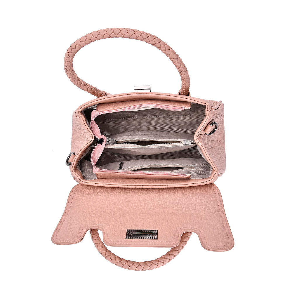Croc Embossed Crossbody Bag with Lock & Top Handle - Pink