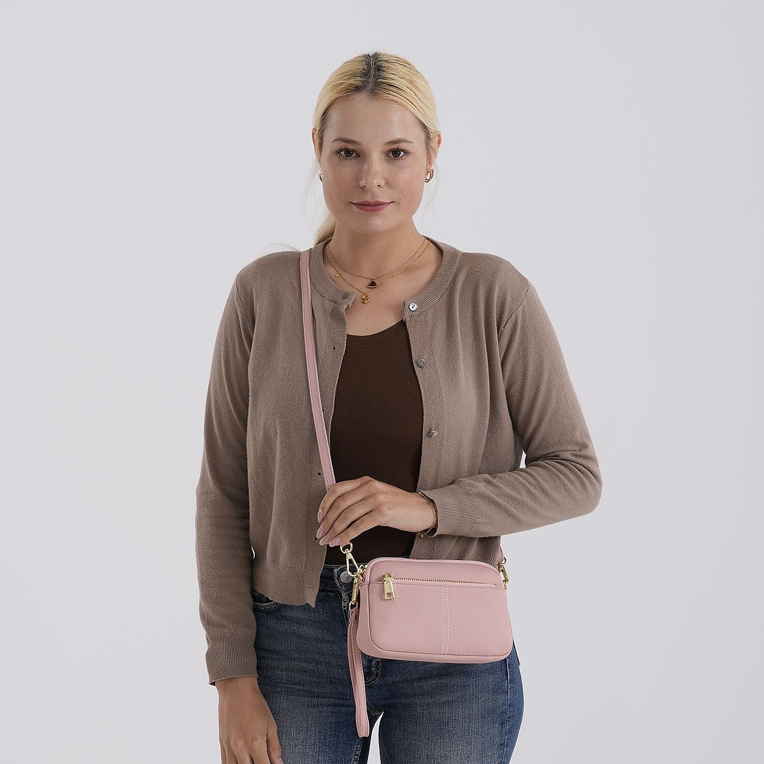 100% Genuine Leather Designer Minimalist Sling Shoulder Bag -  Pink