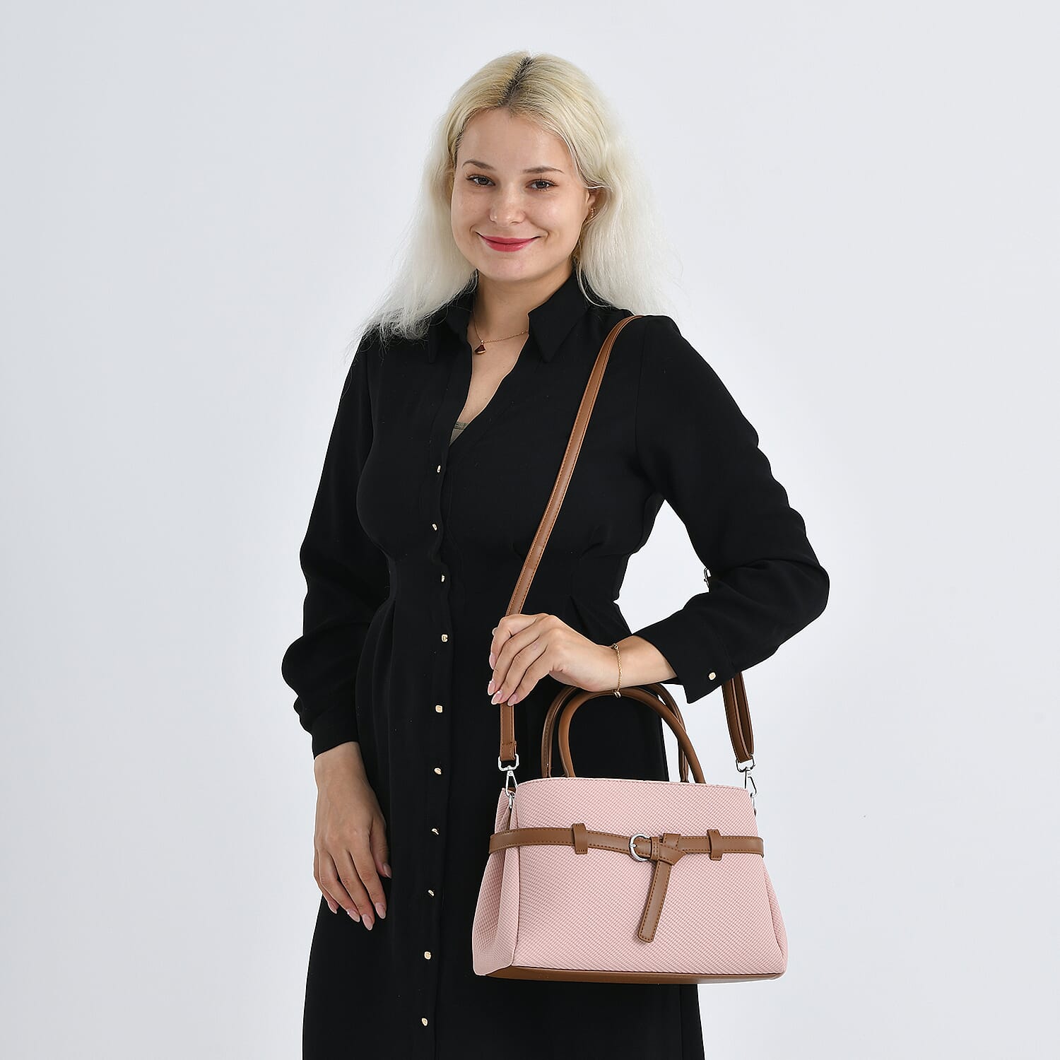 Designer Inspired Satchel-Style Handbag with Belt Detail - Pink