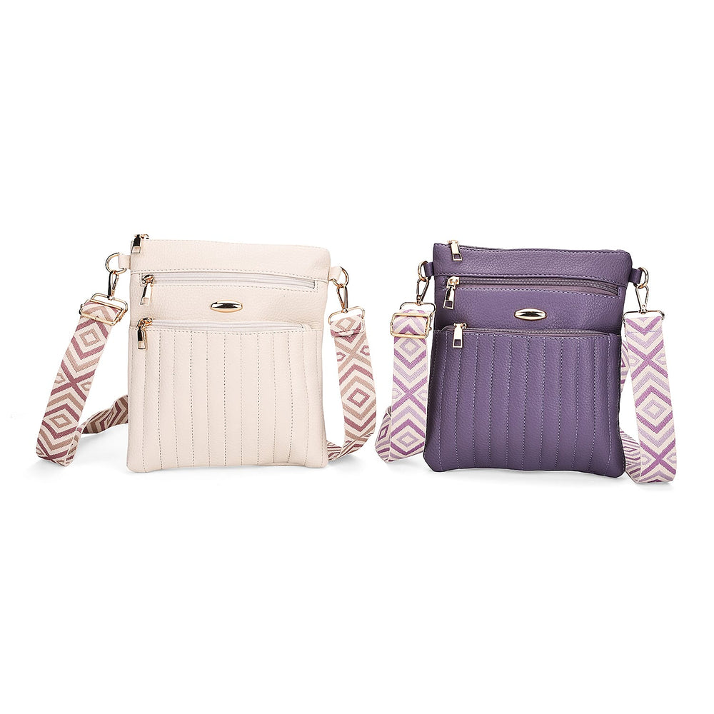 Set of 2 Quilted Crossbody Bags with Patterned Strap - Purple - Off-White