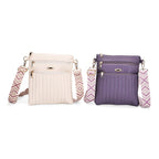 Set of 2 Quilted Crossbody Bags with Patterned Strap - Purple - Off-White