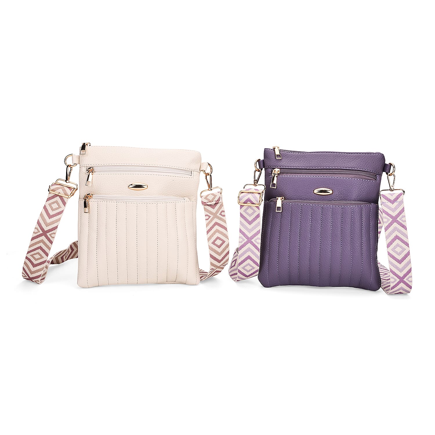 Set of 2 Quilted Crossbody Bags with Patterned Strap - Purple - Off-White