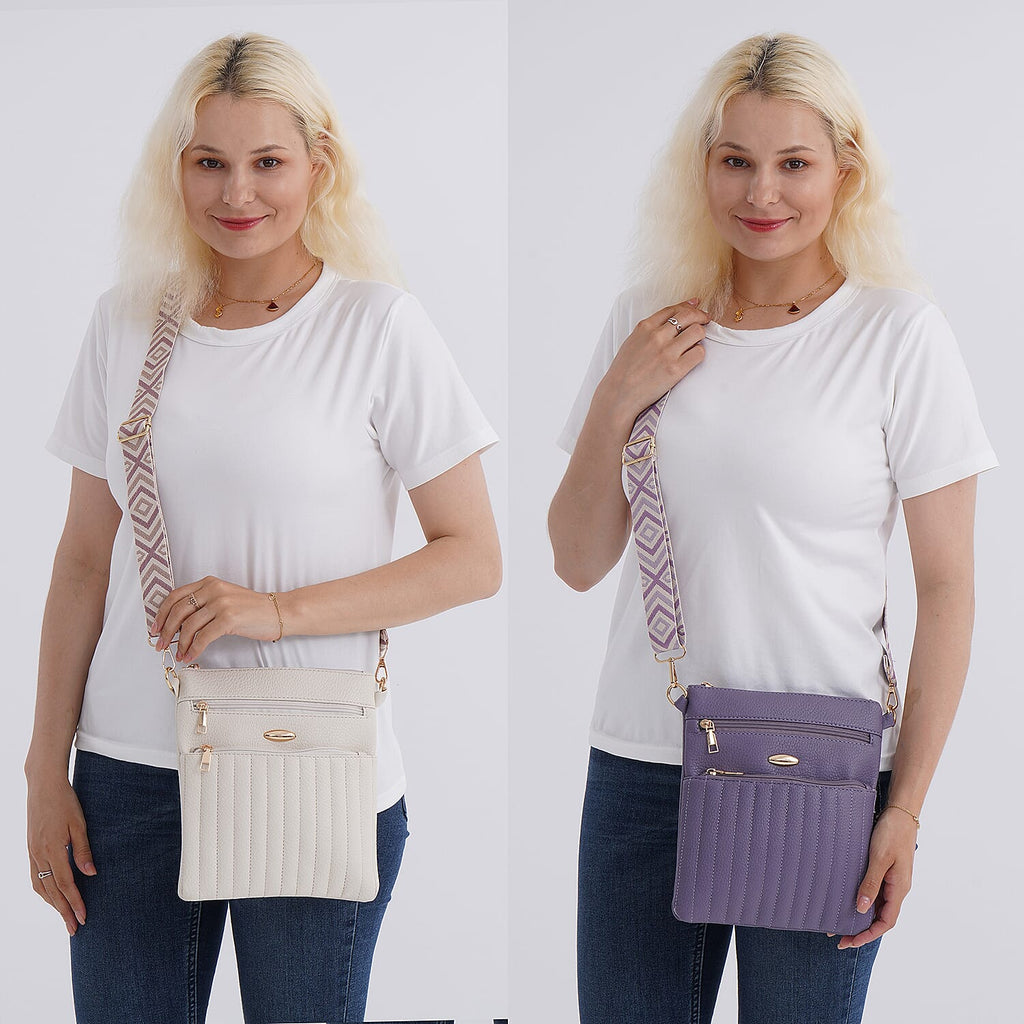 Set of 2 Quilted Crossbody Bags with Patterned Strap - Purple - Off-White