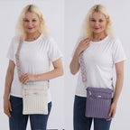 Set of 2 Quilted Crossbody Bags with Patterned Strap - Purple - Off-White