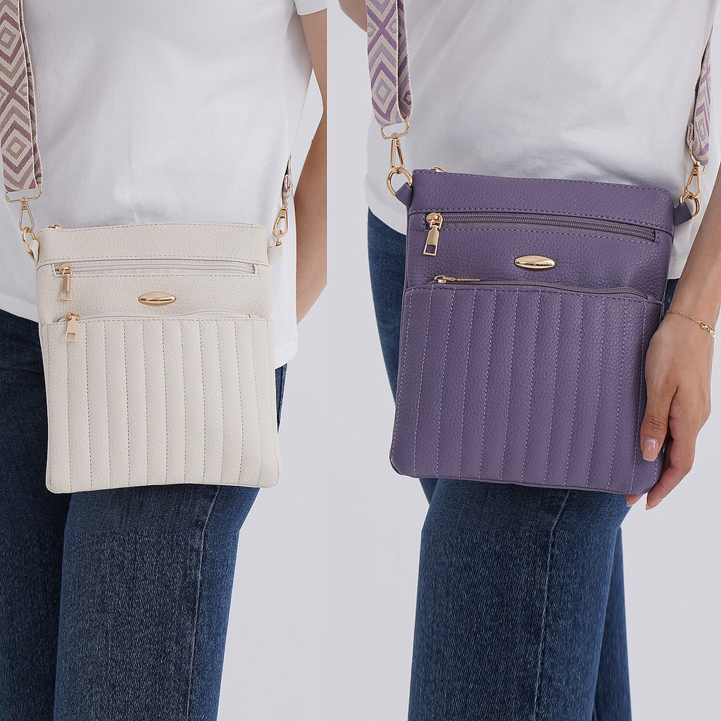 Set of 2 Quilted Crossbody Bags with Patterned Strap - Purple - Off-White