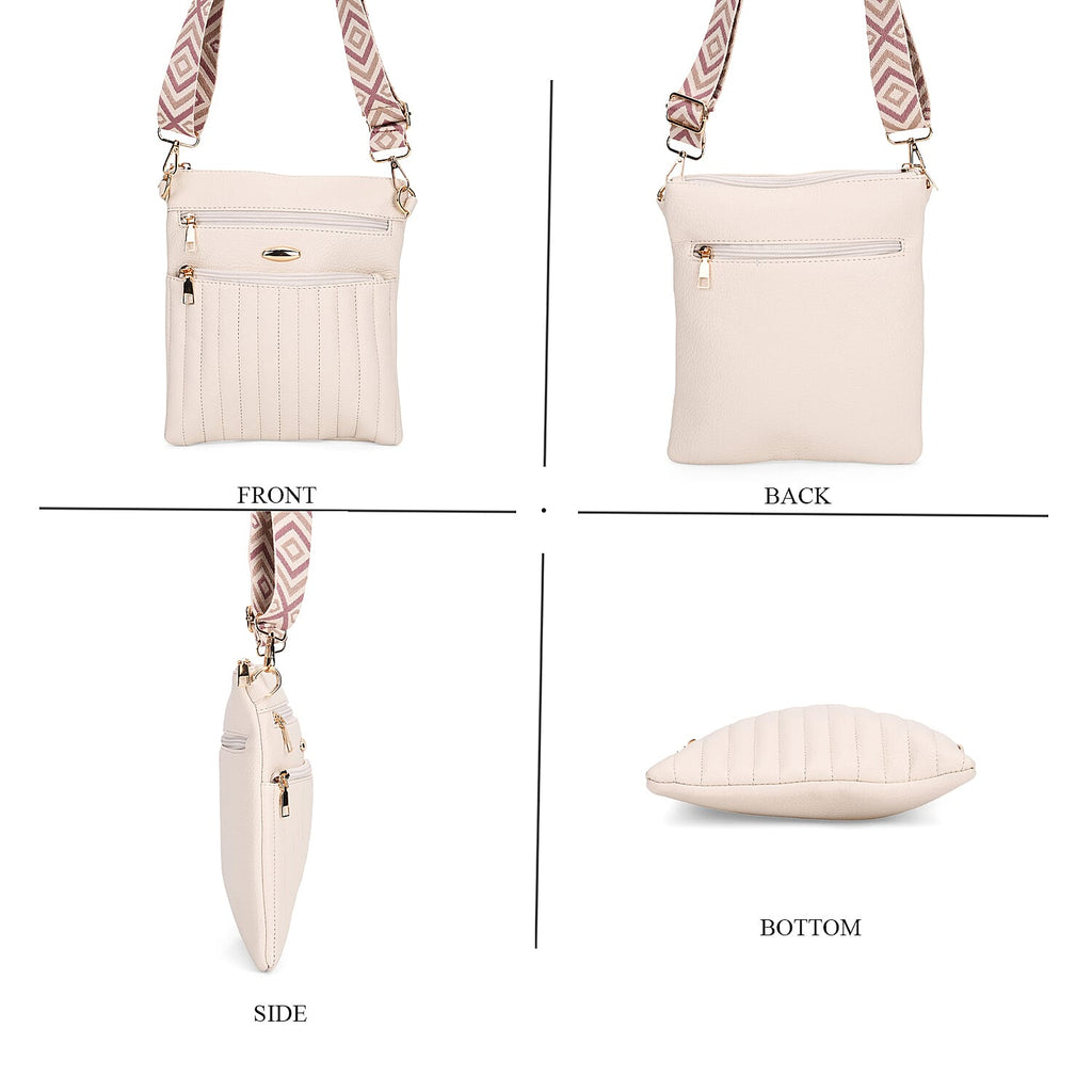 Set of 2 Quilted Crossbody Bags with Patterned Strap - Purple - Off-White