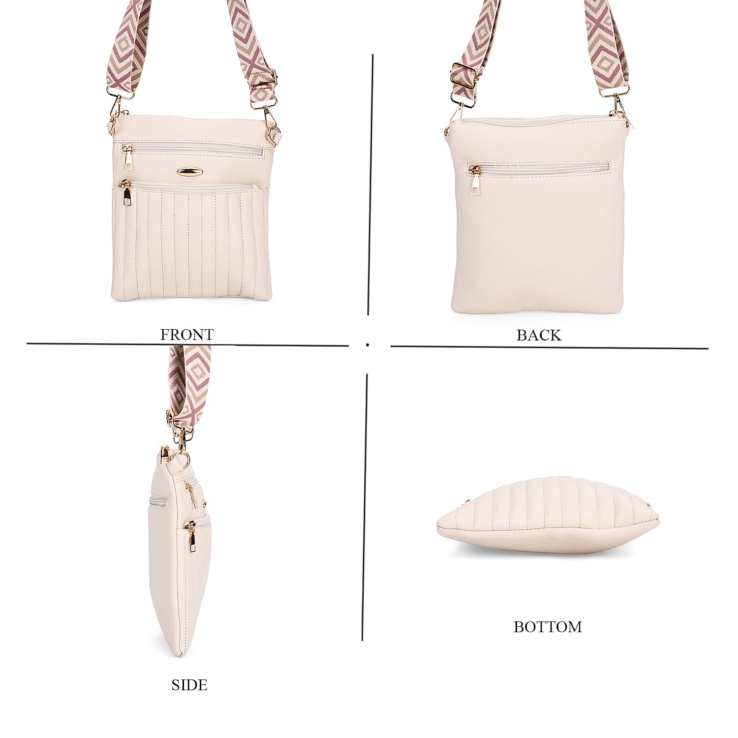 Set of 2 Quilted Crossbody Bags with Patterned Strap - Purple - Off-White