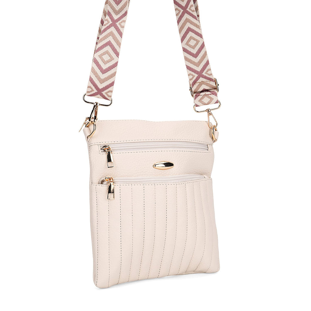 Set of 2 Quilted Crossbody Bags with Patterned Strap - Purple - Off-White