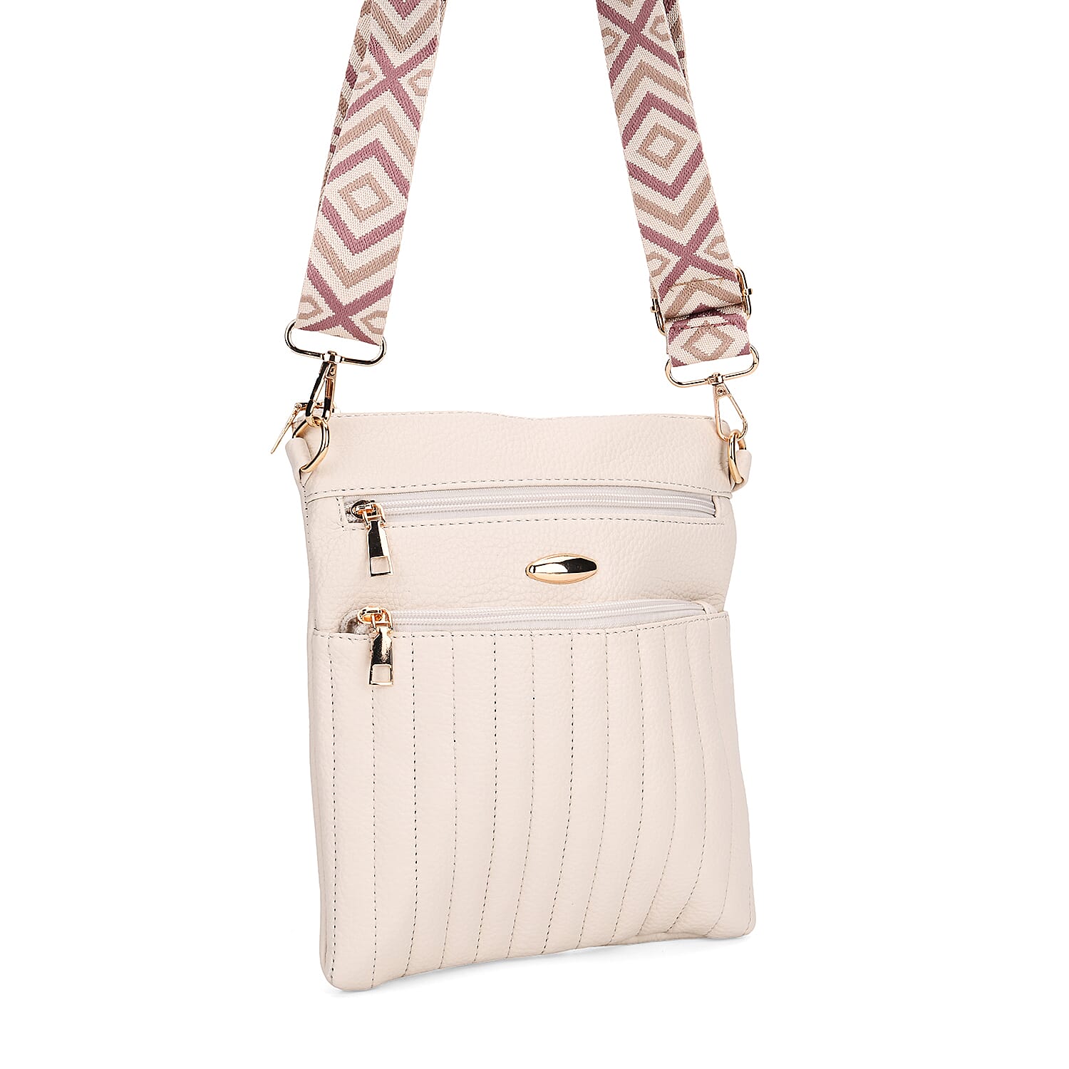 Set of 2 Quilted Crossbody Bags with Patterned Strap - Purple - Off-White