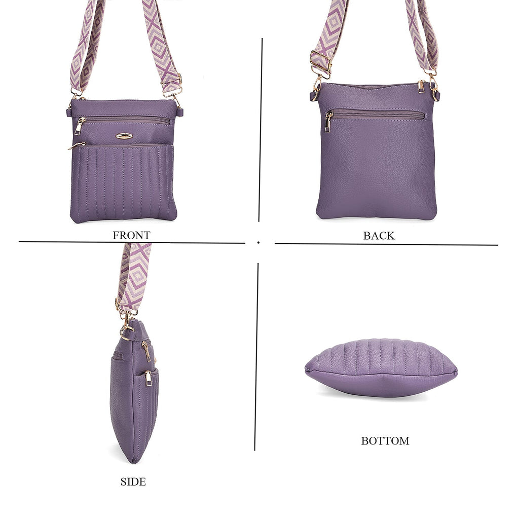 Set of 2 Quilted Crossbody Bags with Patterned Strap - Purple - Off-White