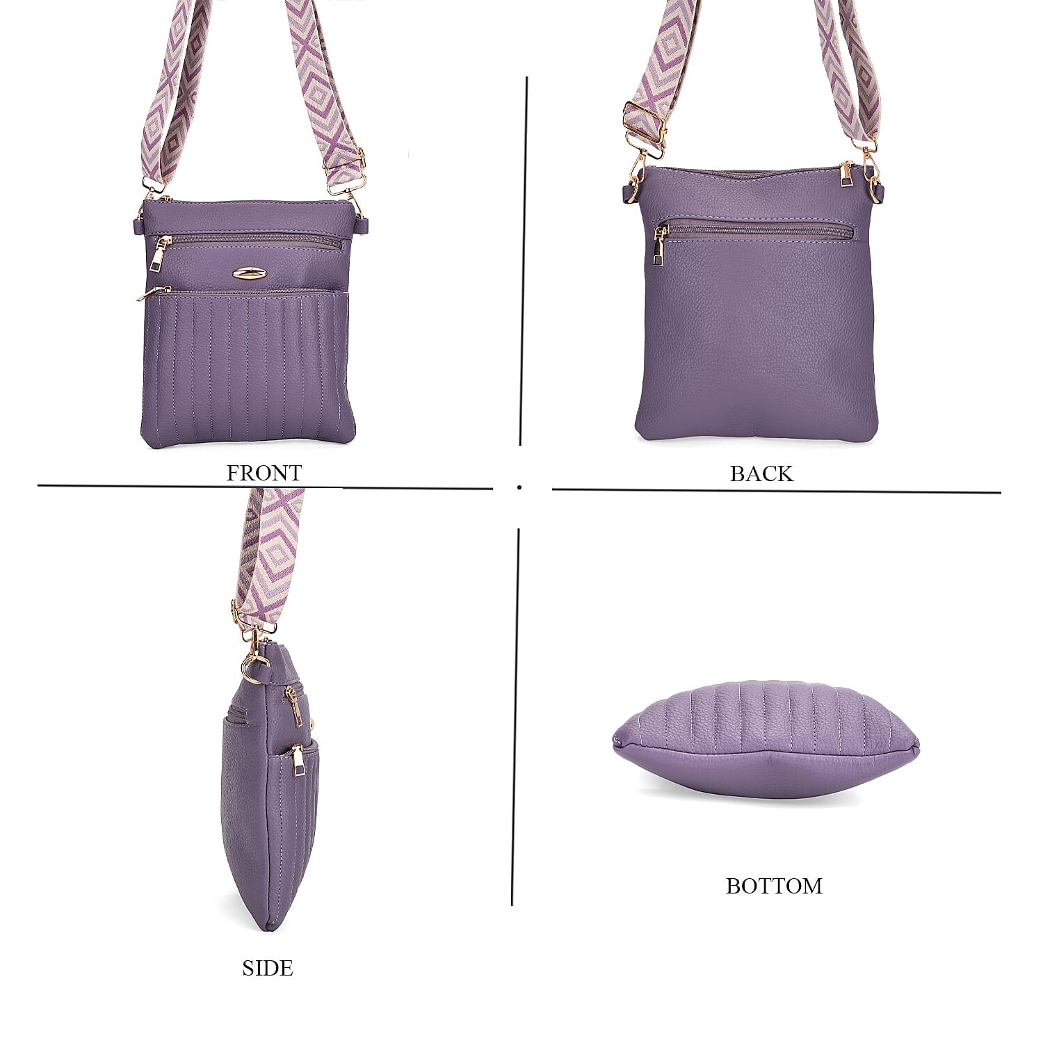 Set of 2 Quilted Crossbody Bags with Patterned Strap - Purple - Off-White