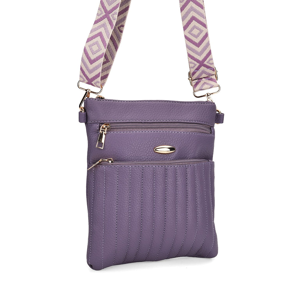 Set of 2 Quilted Crossbody Bags with Patterned Strap - Purple - Off-White