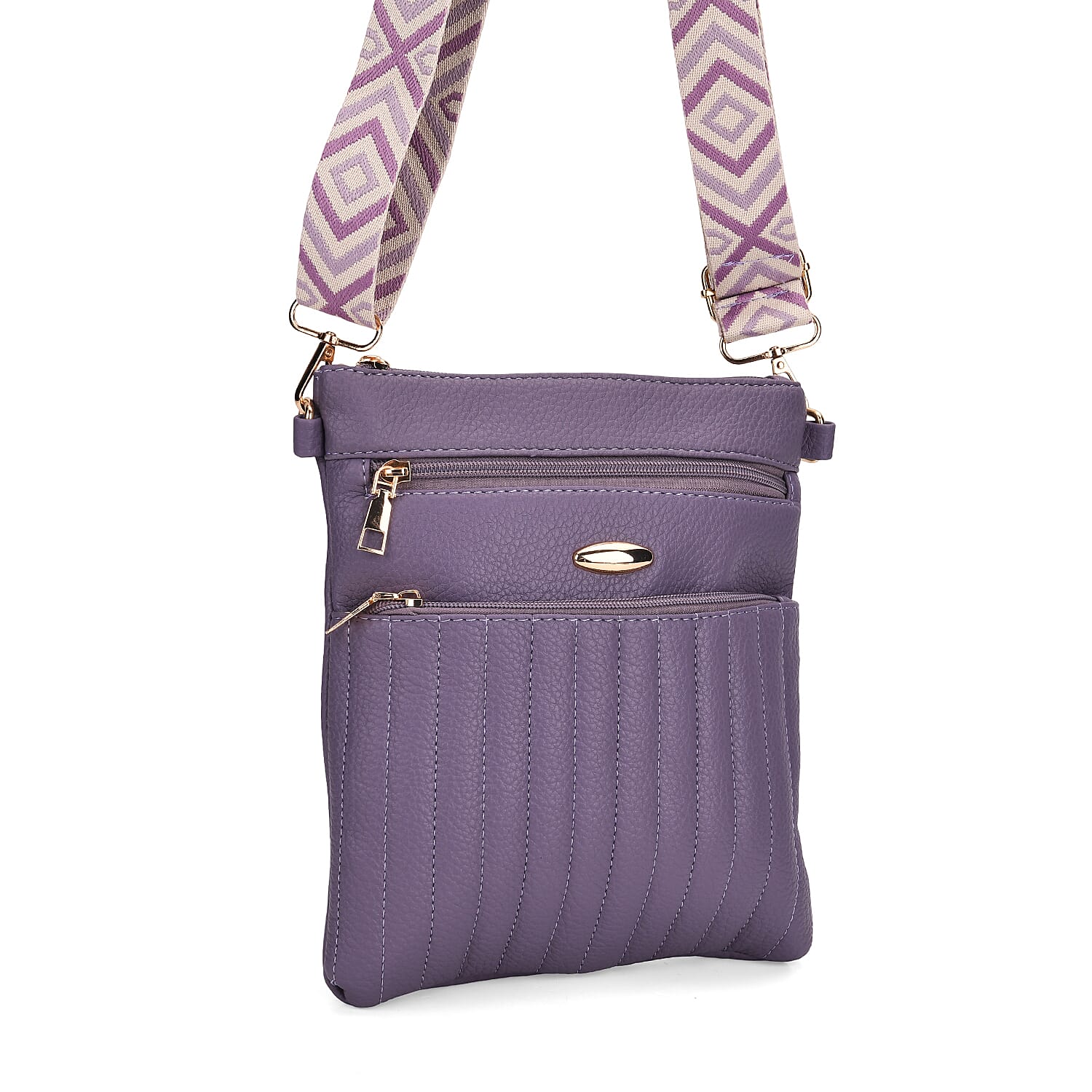 Set of 2 Quilted Crossbody Bags with Patterned Strap - Purple - Off-White