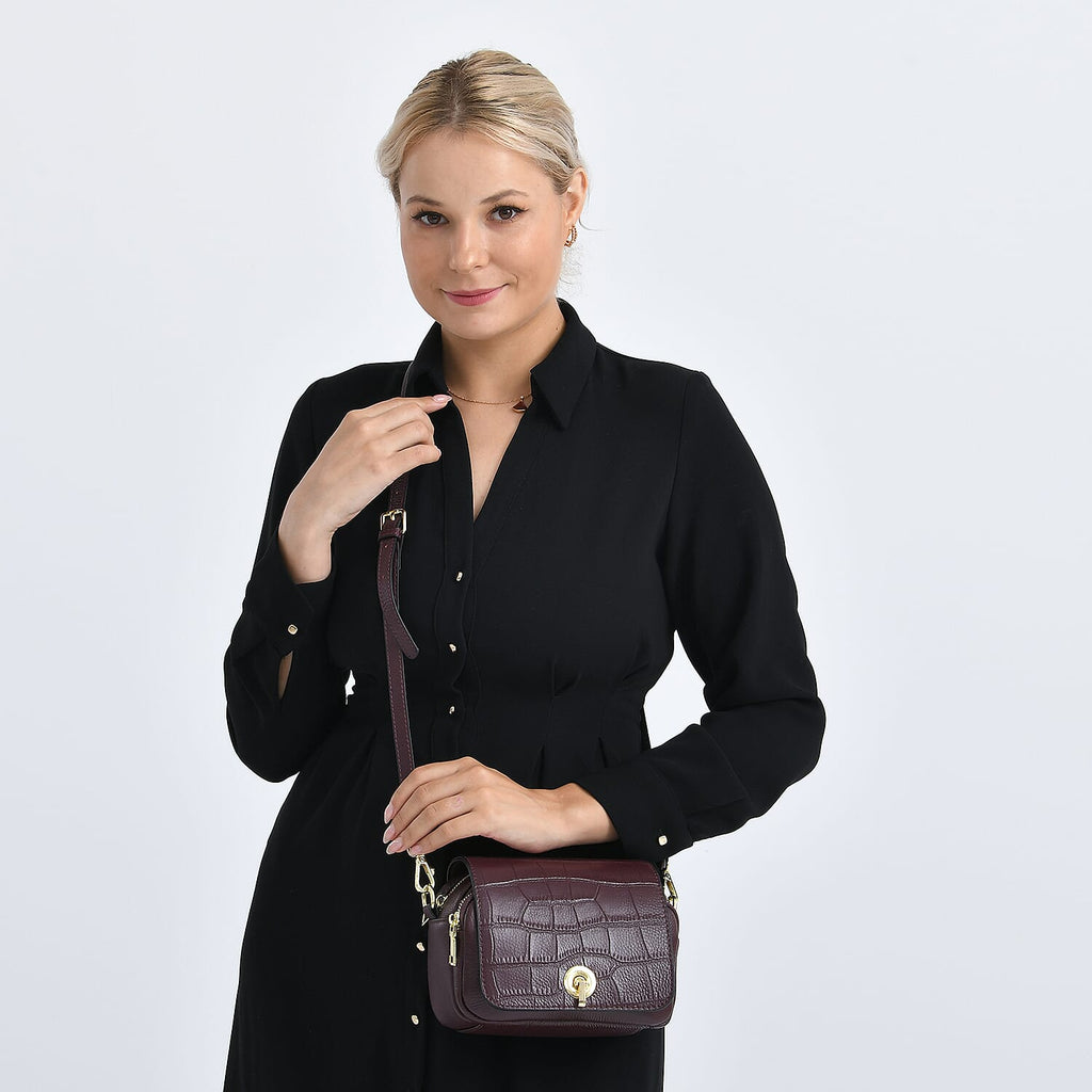 Designer - Inspired Genuine Leather Satchel Bag - Dark Burgundy