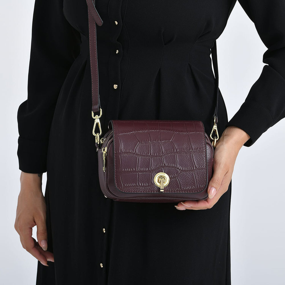 Designer - Inspired Genuine Leather Satchel Bag - Dark Burgundy