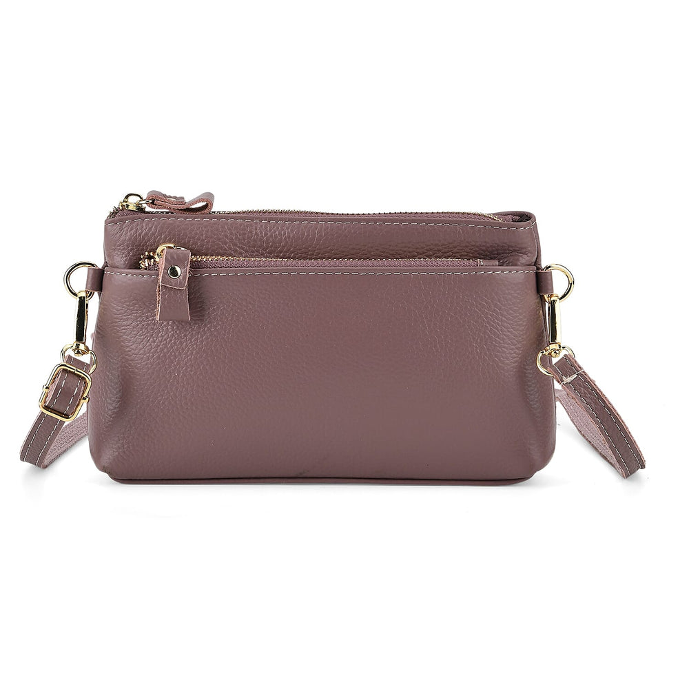 100% Exquisite Genuine Leather Premium Crossbody Bag 3-in-1 Clutch - Wristlet - Mauve