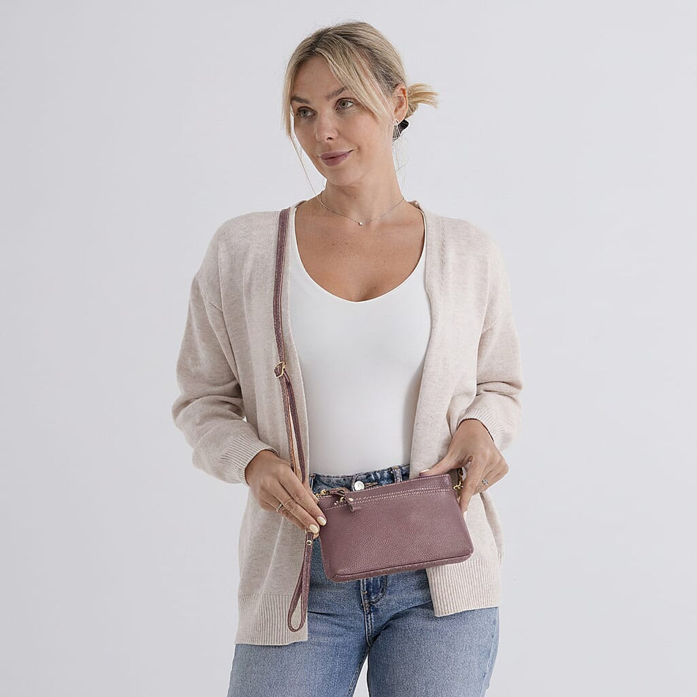 100% Exquisite Genuine Leather Premium Crossbody Bag 3-in-1 Clutch - Wristlet - Mauve