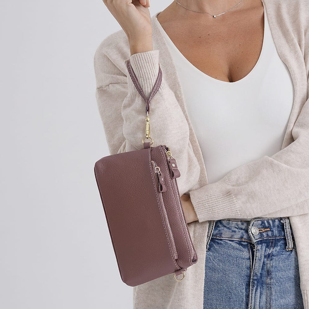 100% Exquisite Genuine Leather Premium Crossbody Bag 3-in-1 Clutch - Wristlet - Mauve