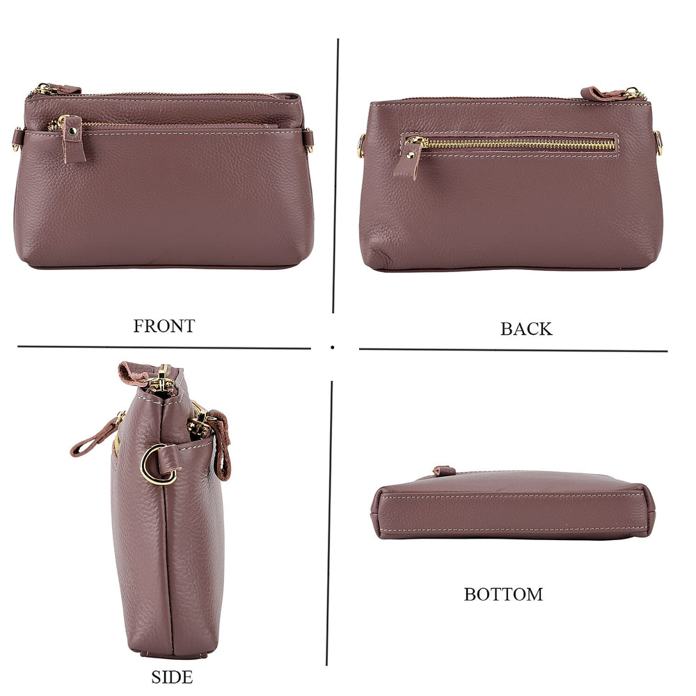 100% Exquisite Genuine Leather Premium Crossbody Bag 3-in-1 Clutch - Wristlet - Mauve