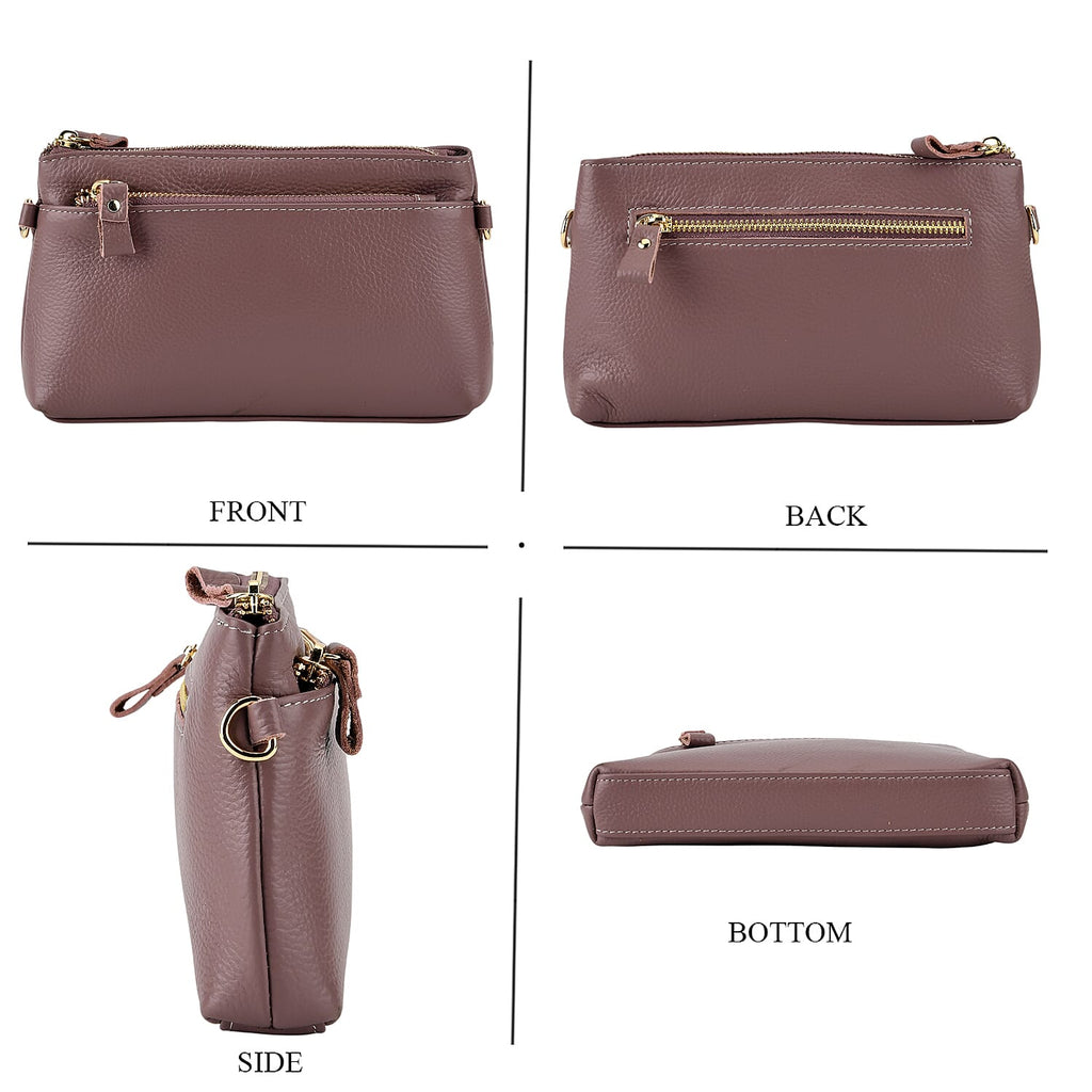 100% Exquisite Genuine Leather Premium Crossbody Bag 3-in-1 Clutch - Wristlet - Mauve
