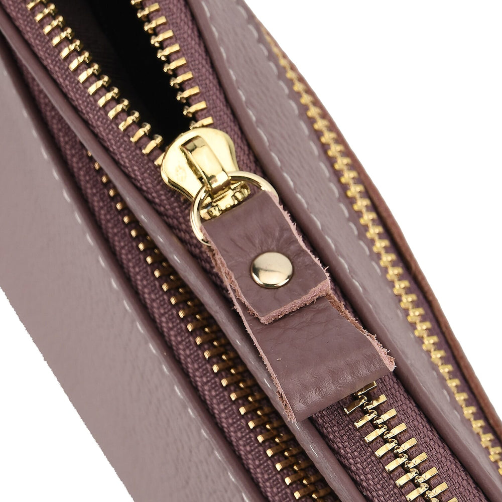 100% Exquisite Genuine Leather Premium Crossbody Bag 3-in-1 Clutch - Wristlet - Mauve