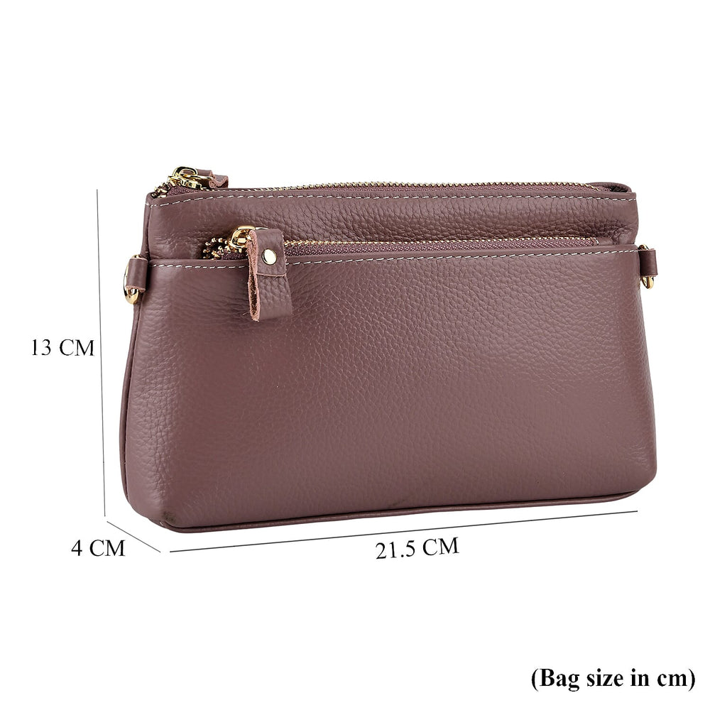 100% Exquisite Genuine Leather Premium Crossbody Bag 3-in-1 Clutch - Wristlet - Mauve