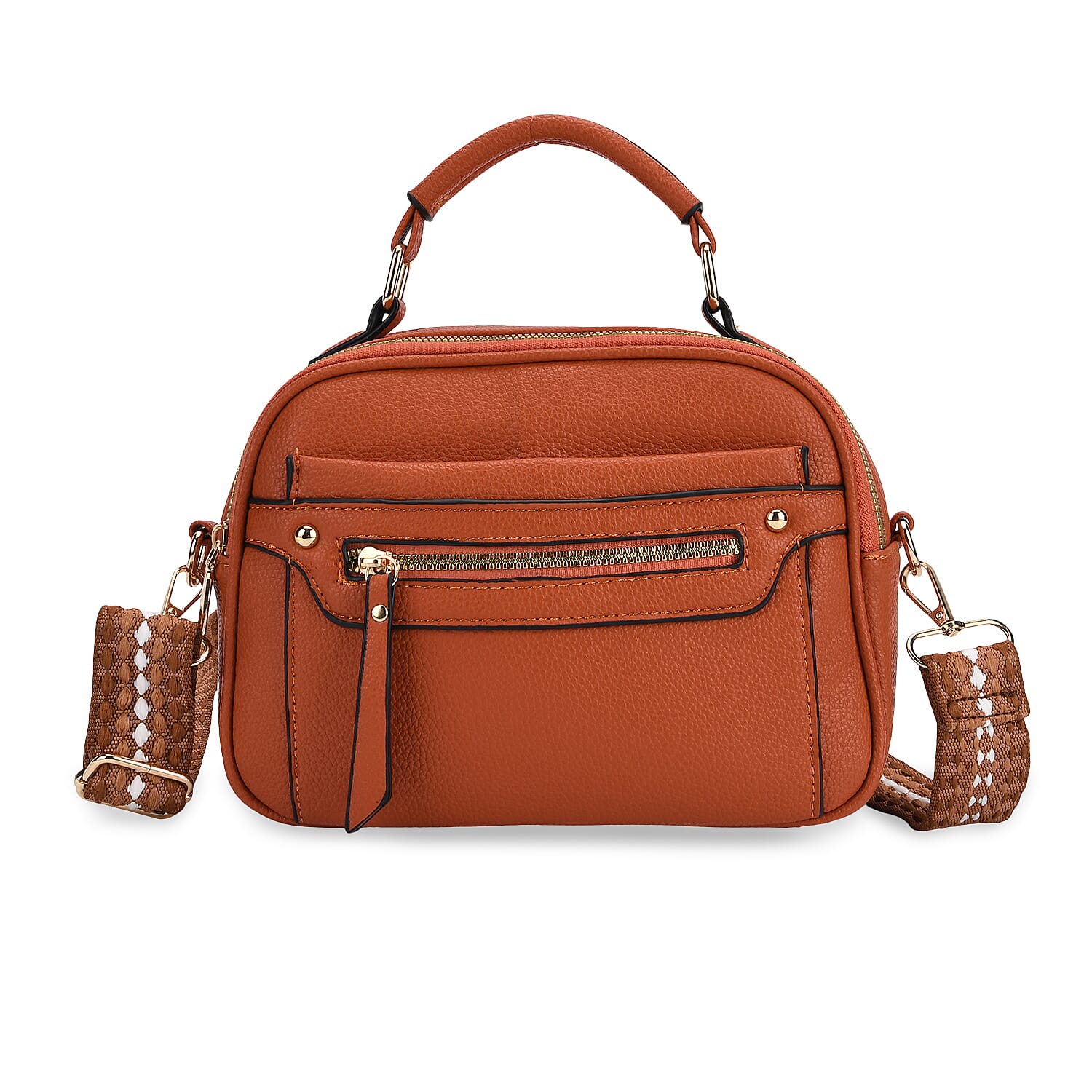 Structured Crossbody Bag with Patterned Strap - Rust
