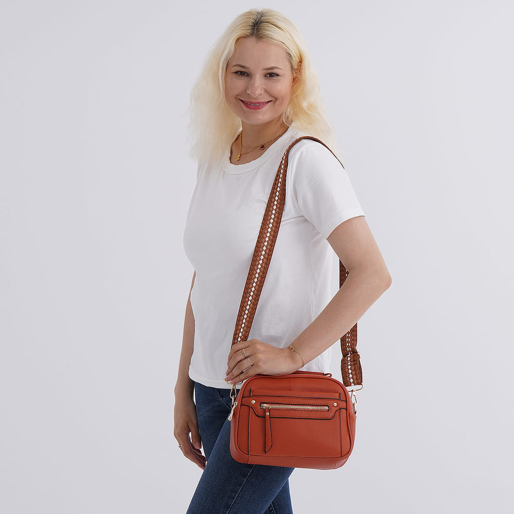 Structured Crossbody Bag with Patterned Strap - Rust