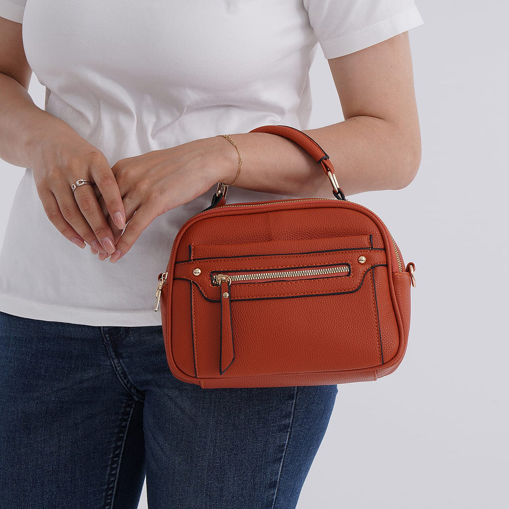 Structured Crossbody Bag with Patterned Strap - Rust