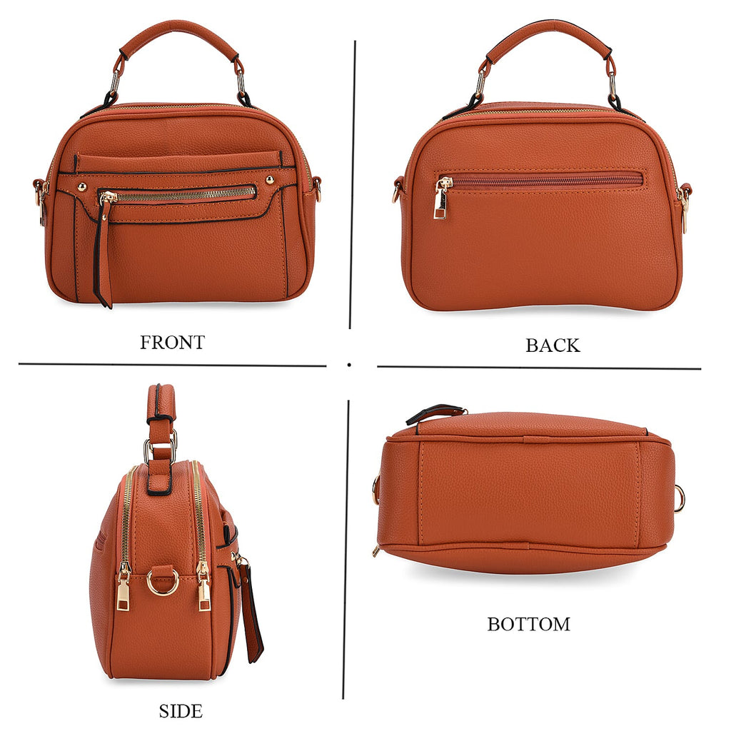 Structured Crossbody Bag with Patterned Strap - Rust
