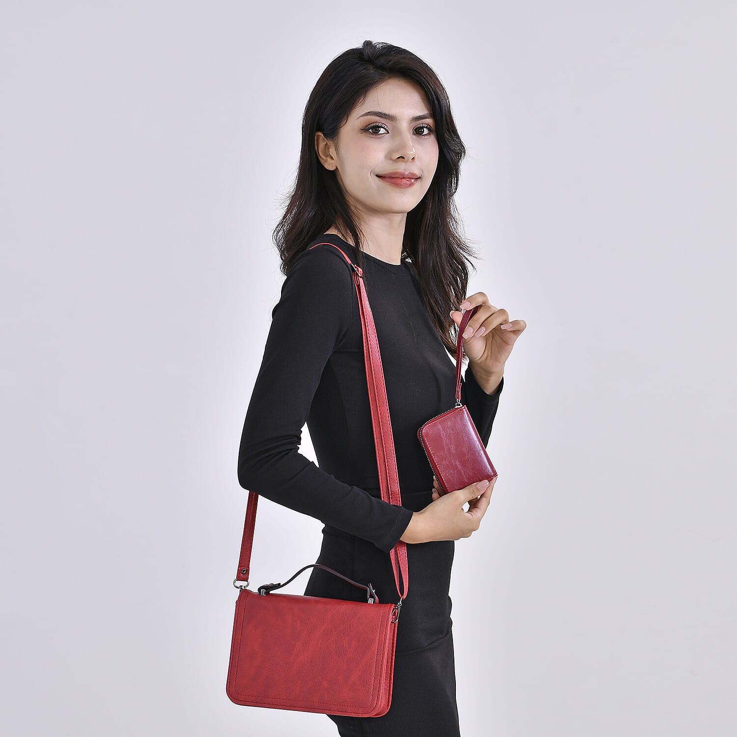 Set of 2- Sling Crossbody Bag with Card Holder - Red