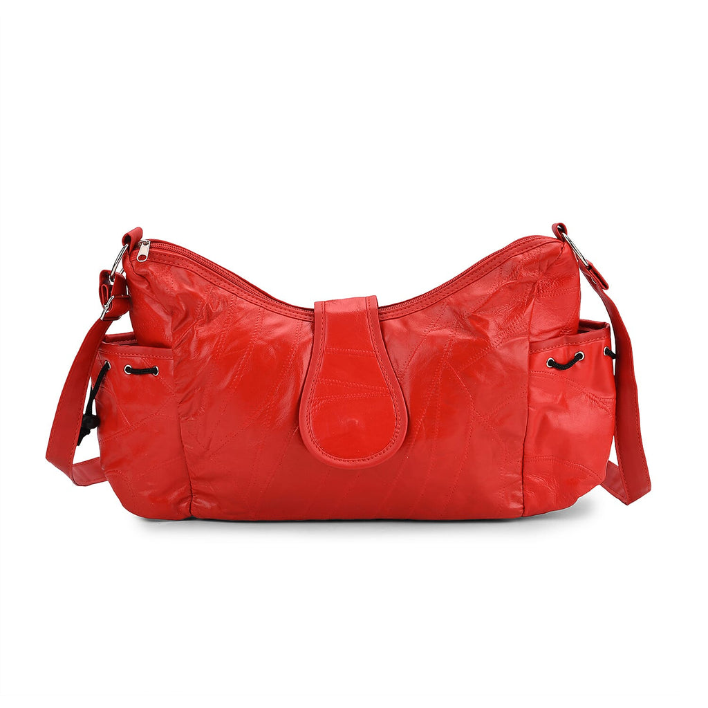 Genuine Leather Slouchy Shoulder Bag with Side Drawstring Pockets - Red