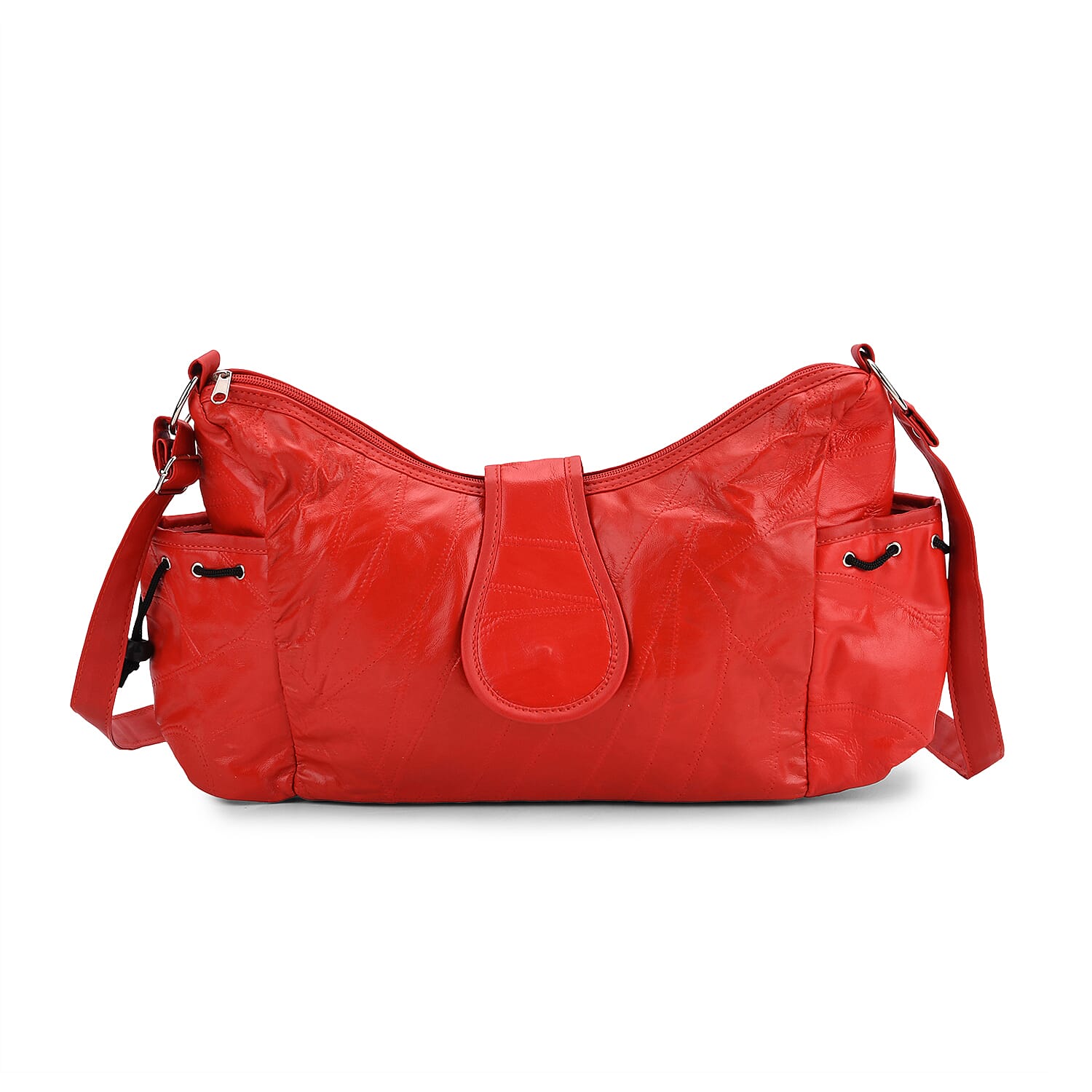 Genuine Leather Slouchy Shoulder Bag with Side Drawstring Pockets - Red