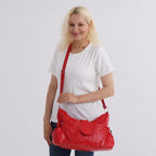 Genuine Leather Slouchy Shoulder Bag with Side Drawstring Pockets - Red