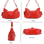 Genuine Leather Slouchy Shoulder Bag with Side Drawstring Pockets - Red