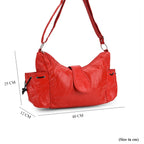 Genuine Leather Slouchy Shoulder Bag with Side Drawstring Pockets - Red