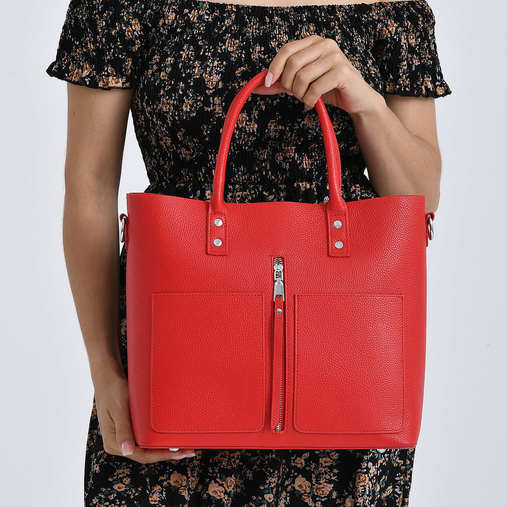 Sumptuous 100% Genuine Leather Tote Bag with CrossBody Strap - Red