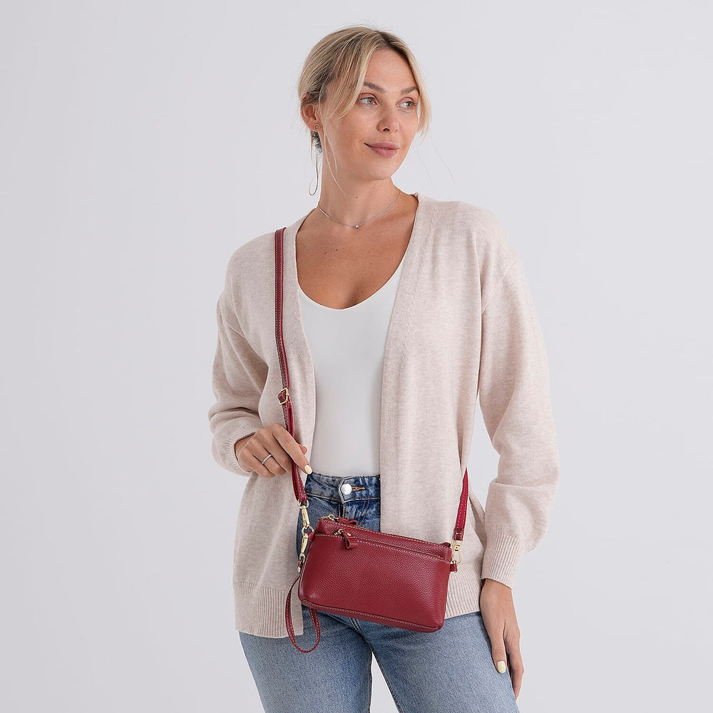100% Exquisite Genuine Leather Premium Crossbody Bag 3-in-1 Clutch - Wristlet - Red