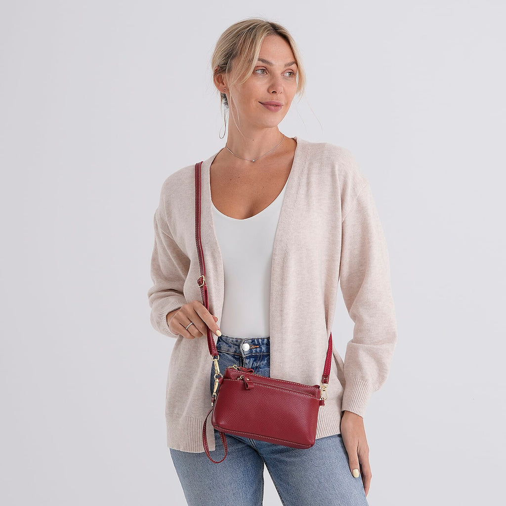 100% Exquisite Genuine Leather Premium Crossbody Bag 3-in-1 Clutch - Wristlet - Red