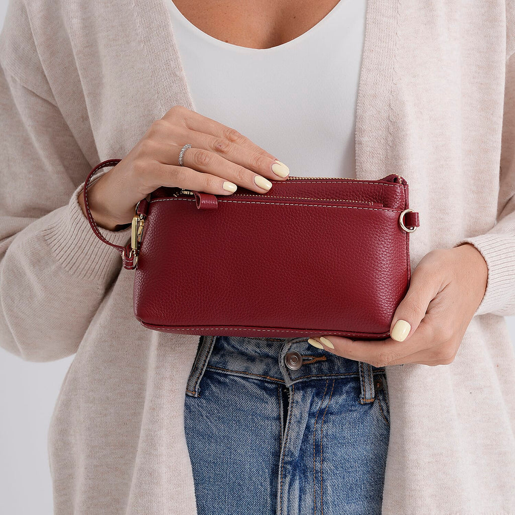 100% Exquisite Genuine Leather Premium Crossbody Bag 3-in-1 Clutch - Wristlet - Red