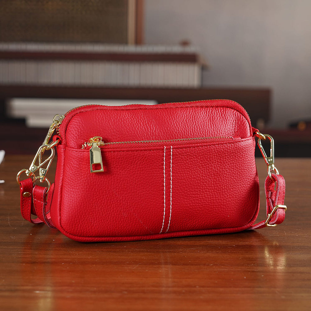 100% Genuine Leather Designer Minimalist Sling Shoulder Bag -  Red