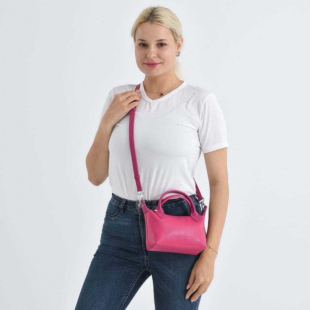 Designer Inspired Genuine Leather Mini Crossbody Bag with Top Handle - Hot Pink