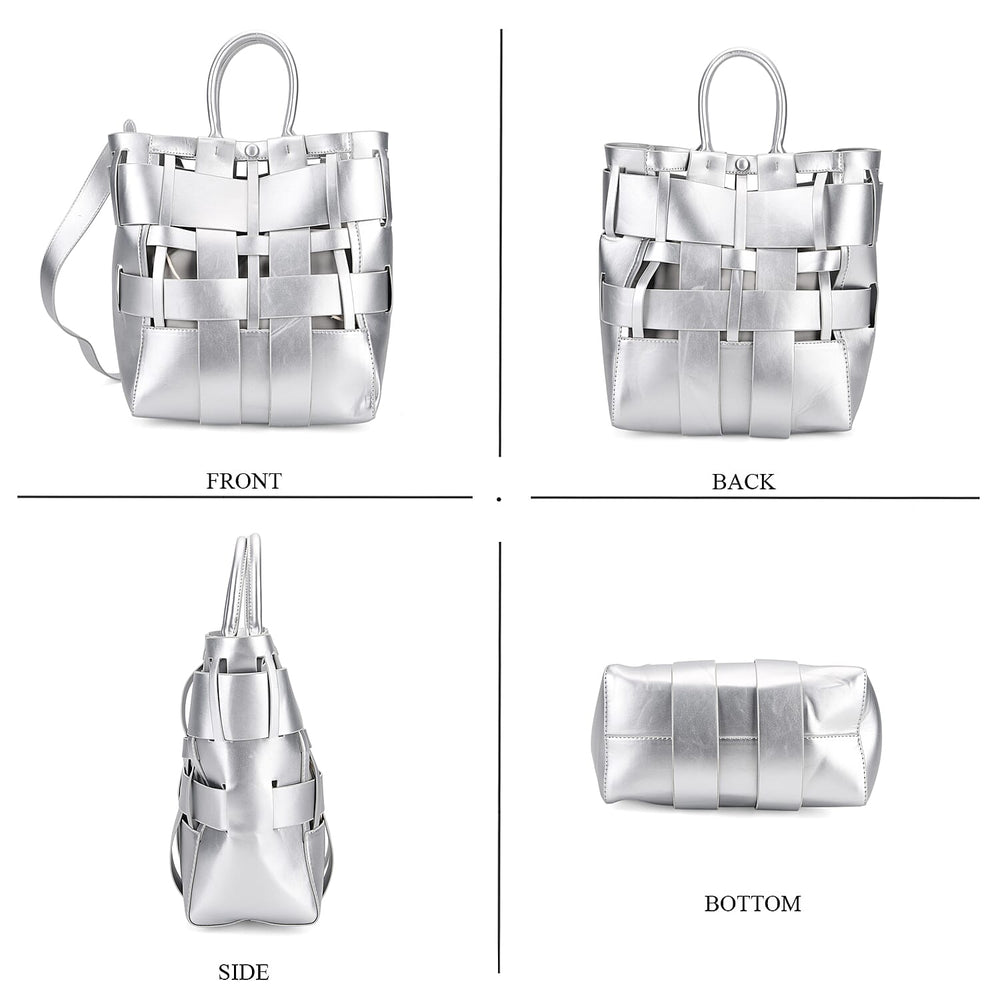 Hollow Woven Design Bucket Bag with Removable Drawstring Pouch - Silver