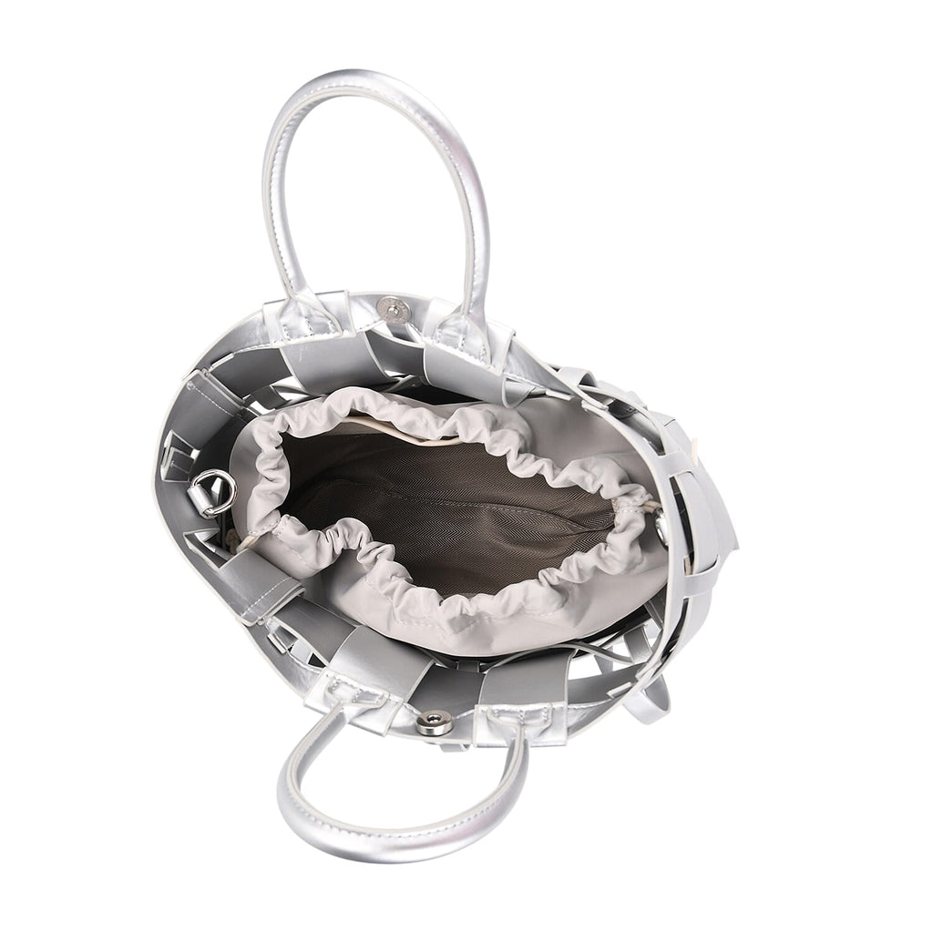 Hollow Woven Design Bucket Bag with Removable Drawstring Pouch - Silver