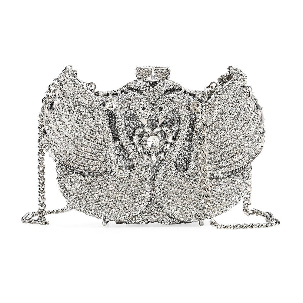 Crystellia Swan Pattern Premium Austrian Crystal Clutch Bag - Silver