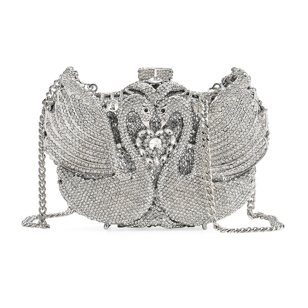 Crystellia Swan Pattern Premium Austrian Crystal Clutch Bag - Silver
